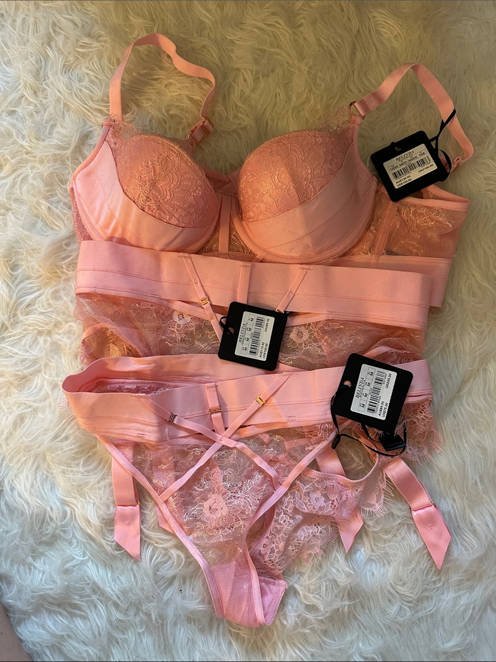 Honey Birdette Pink Lace Bra & Garter Set - Feminine Floral Lingerie